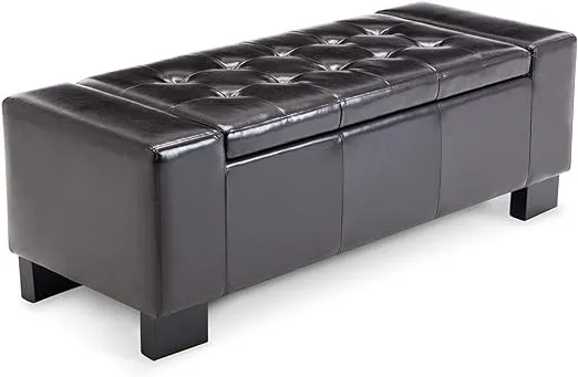 Belleze 51 inch-inch Storage Ottoman Bench Brown Faux Leather Rectangular Tufted Large