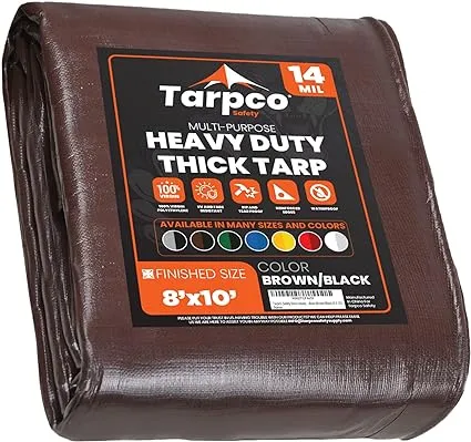 Tarpco Safety Extra Heavy Duty 14 Mil Tarp Cover, Waterproof, UV Resistant, Rip and Tear Proof, Poly Tarpaulin with Reinforced Edges for Roof, Camping, Patio, Pool, Boat (Brown/Black 8′ X 10′)