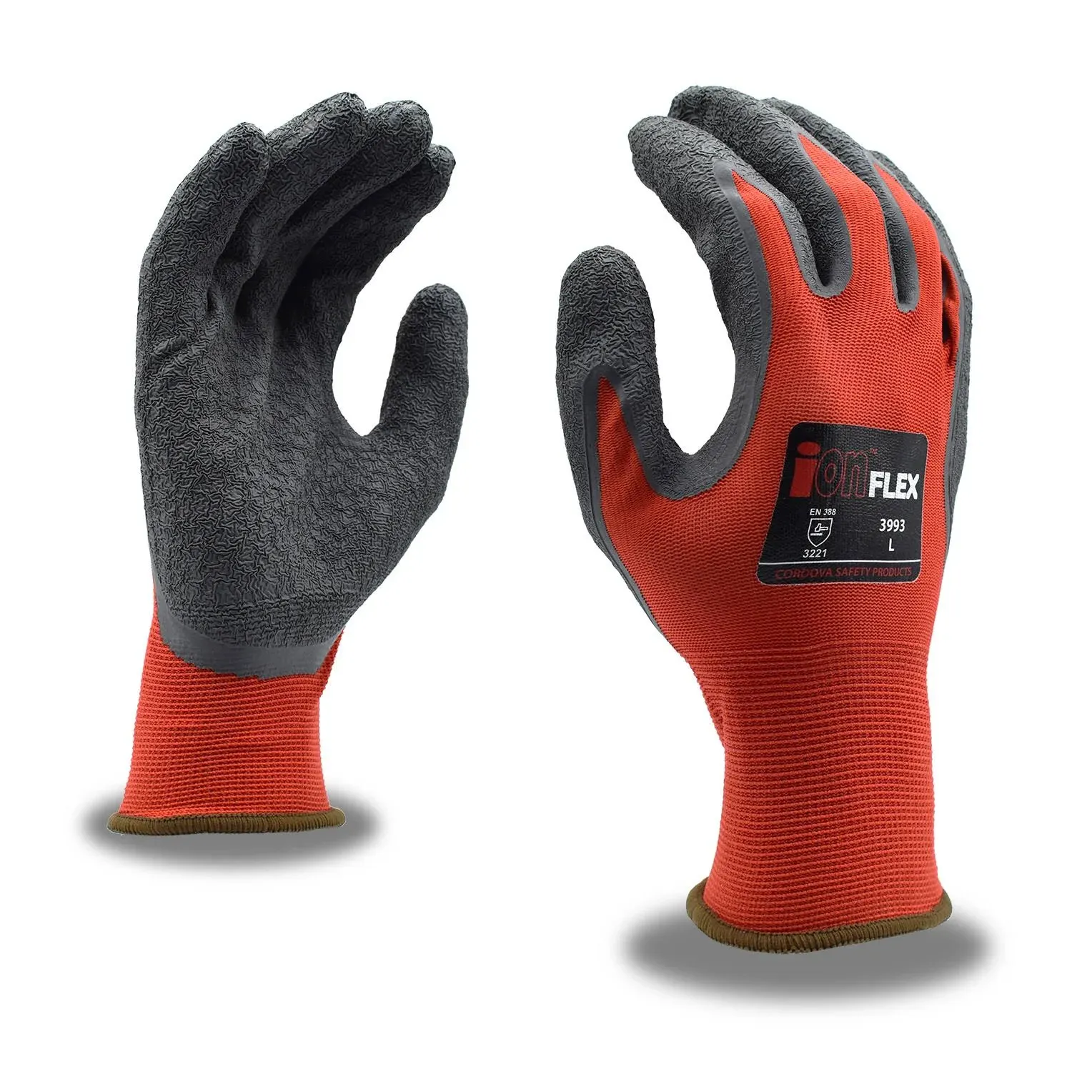 iON Flex Nimble Red Nylon Shell Grey Crinkle Latex Coated Work Gloves, L