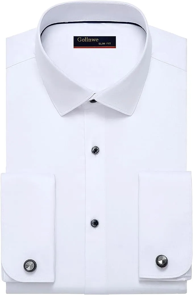 Gollnwe Men's Long Sleeve Shirt French Cuff White Dress Shirts Button Down Shirt for Men