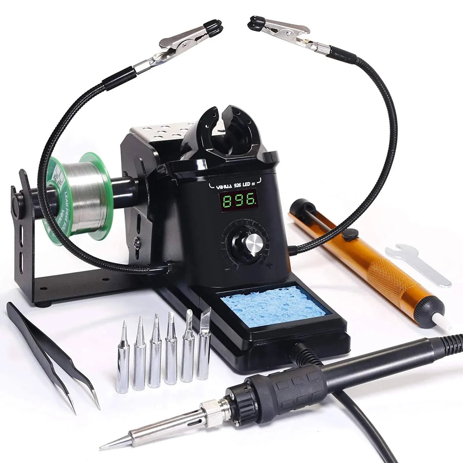 YIHUA 926 III 60W LED Display Soldering Iron Station Kit w 2 Helping Hands, 6 Extra Iron Tips, Roll of Lead-Free Solder, Solder Sucker, S/S Tweezers, °C/ºF Conversion, Auto Sleep & Calibration Support