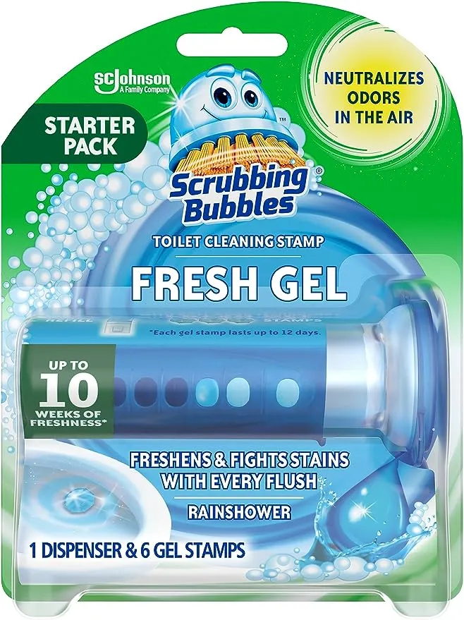 Scrubbing Bubbles Toilet Gel Stamps, Fresh Gel Toilet Cleaning Stamps, Helps Keep Toilet Clean and Helps Prevent Limescale & Toilet Rings, Rainshower Scent, 1 Dispenser + 6 Stamps, 2 Pack