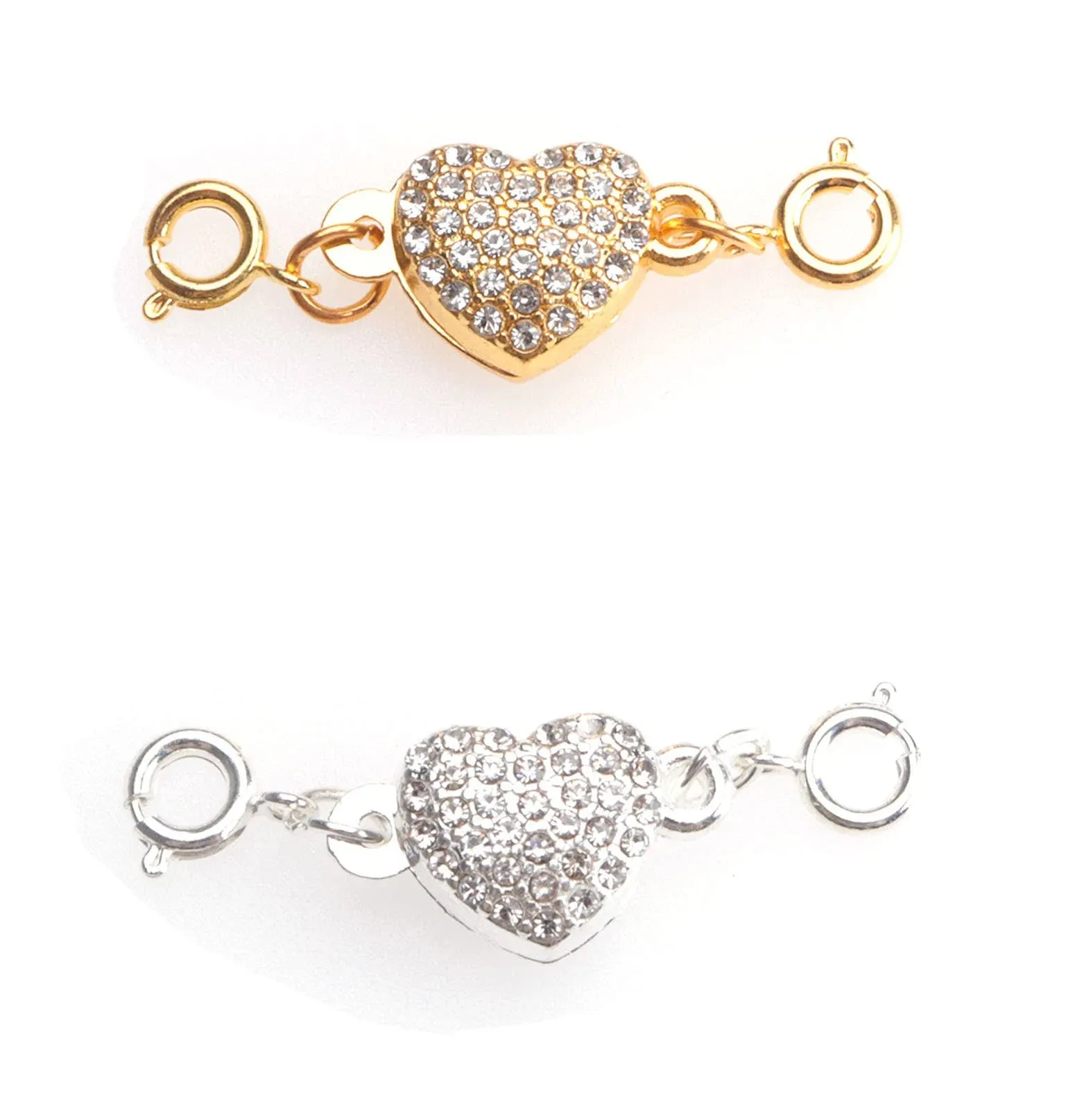  2 Pcs Locking Magnet Clasps Heart Shape Rhinestone Chain Silver and Gold