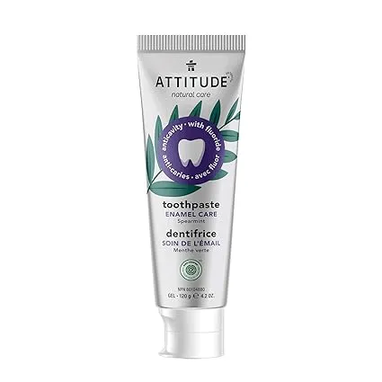 ATTITUDE Toothpaste with Fluoride, Prevents Tooth Decay and Cavities, Vegan, Cruelty-Free and Sugar-Free, Enamel Repair, Spearmint, 4.2 Oz