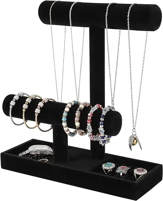 ByKen Multi-Functional Necklace Holder,Bracelet Holder,Jewelry Organizer Stand with Earrings Rings Tray,Jewelry Holder for Scrunchie Watches Detachable(Black Velvet)