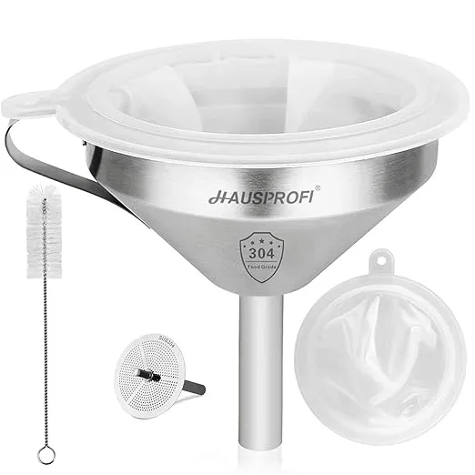 Hausprofi Stainless Steel Funnel 5.1 inch 304 Stainless Steel Kitchen Funnel with 200 Mesh Food Filter Strainer for Transferring Liquids