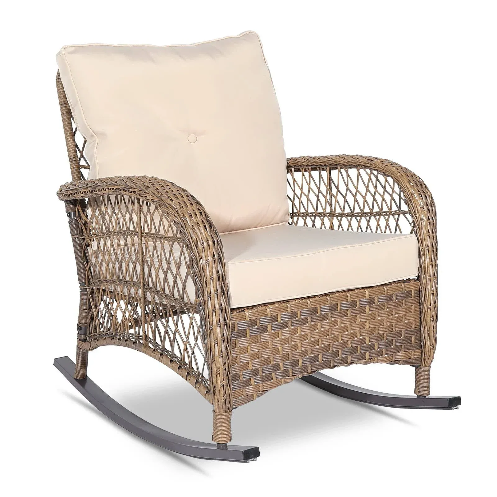 VIVIJASON Outdoor Wicker Rocking Chair, Patio Rattan Rocker Chair with Cushions & Steel Frame, All-Weather Rocking Lawn Wicker Furniture for Garden Backyard Porch (Navy Blue)