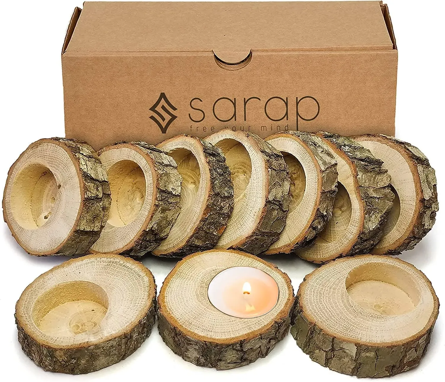 Sarap Tea Light Candle Holders - Pack of 10 Votive Wood Tealight Holder - Cen...