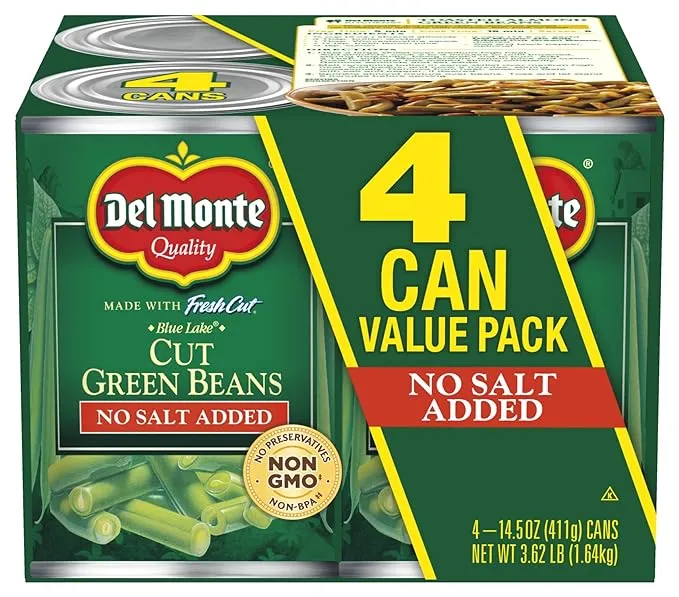 Del Monte No Salt Added Cut Value Pack Green Beans, 14.5 oz, 4 ct