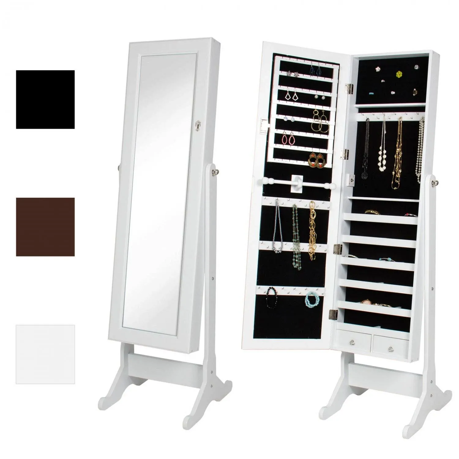 Best Choice Products Standing Mirror Armoire, Lockable Jewelry Storage Organizer Cabinet w/Velvet Interior, 3 Angle Adjustments - White