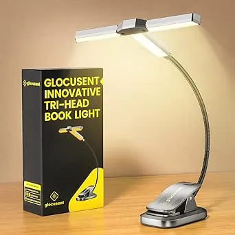 Glocusent Tri-Head Book Light for Reading at Night, 1000mAh Rechargeable Gray