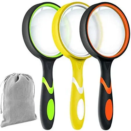 Leffis 3 Pack Magnifying Glass, 10X Non-Slip Handheld Reading Magnifier for Kids and Seniors, 75mm Magnifying Glass Lens for Reading, Classroom Science, and Nature Exploration