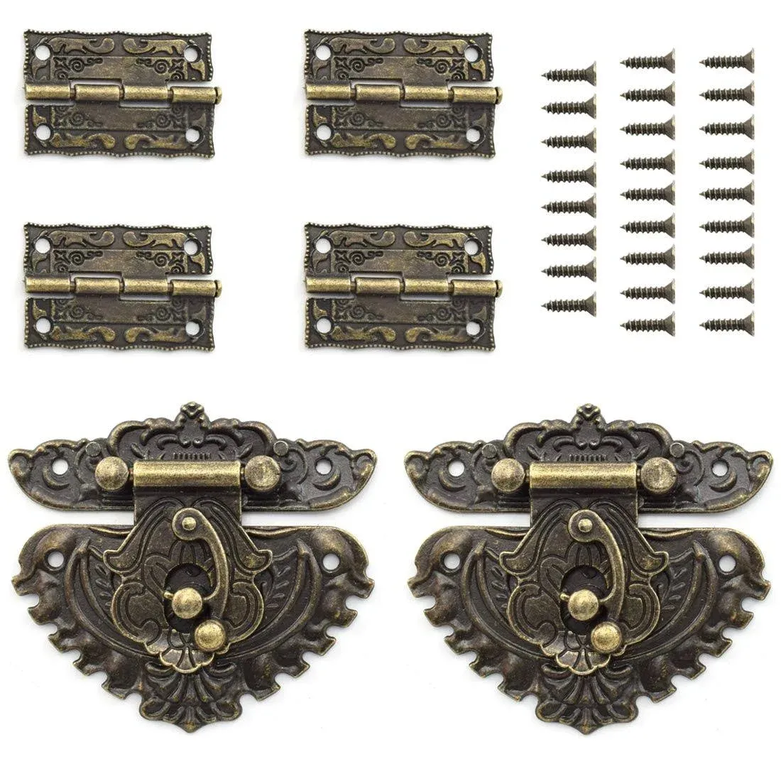 SDTC Tech Retro Jewelry Box Hinge and Engraved Vintage Bronze Hasp Latch with Matching Screws Kit for Decorative Cabinet Small Antique Wooden Box Hand Crafts Project (2X Hasp Catch + 4X Hinges)