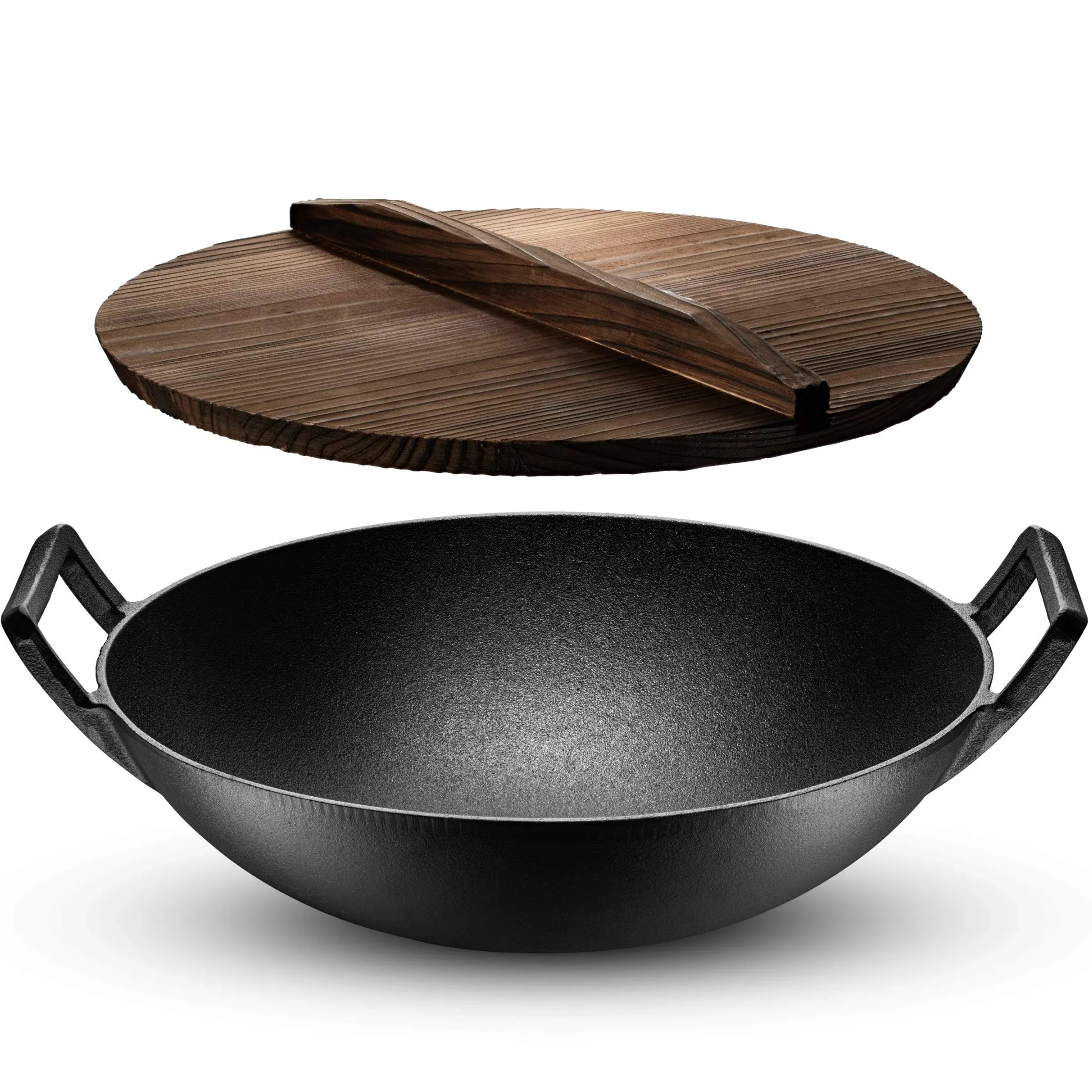 Klee Pre-Seasoned Cast Iron Wok Pan with Wood Wok Lid and Handles - 14&#034; Large Wo