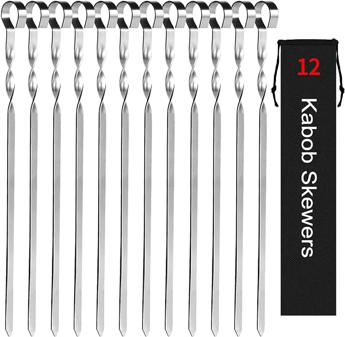 Kabob Skewers 14" Stainless Steel Long BBQ Barbecue Skewers, Flat Metal Kebob Sticks Wide Reusable Grilling Skewers for Meat Chicken, Set of 12pcs with Storage Bag by JY COOKMENT