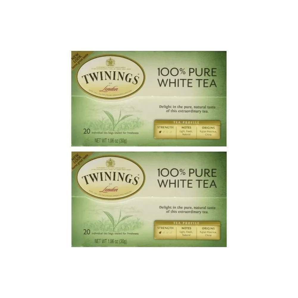 Twinings White Tea, 100% Natural Fujian Chinese Tea with a Light & Fresh Delicate Flavor, Low Caffeine, White Tea, 20 Tea Bags (Pack of 2)