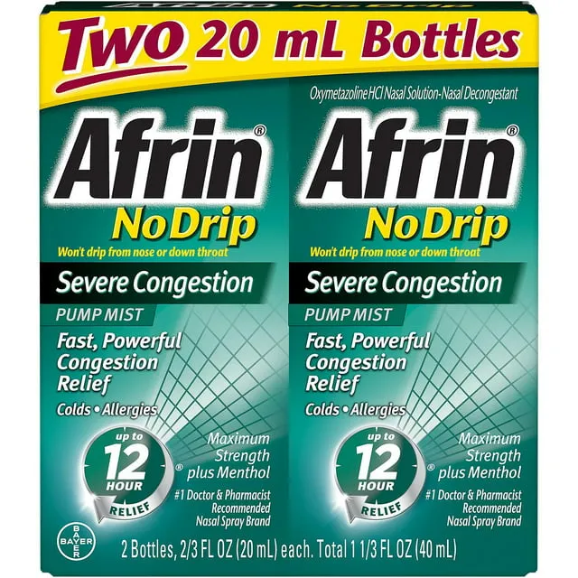 Afrin No Drip Severe Congestion Pump Mist Nasal Spray 12 Hour Relief 20 mL Bottle (Pack of 2)