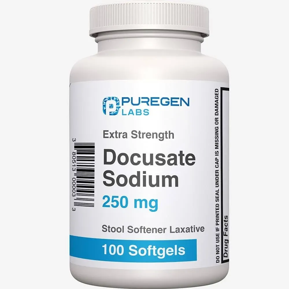 Puregen Labs Docusate Sodium 250mg Stool Softener Laxative | 100 Softgels ...