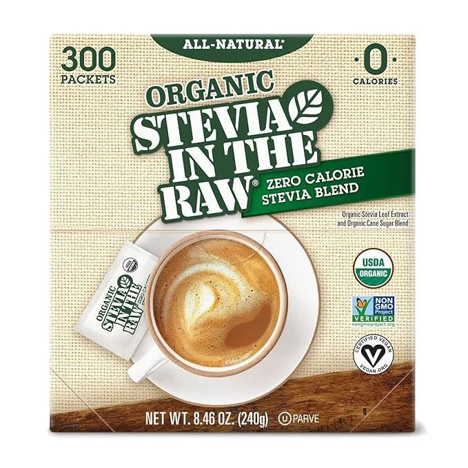 Organic Stevia In The Raw, Plant Based Zero Calorie Natural Sweetener, No Added Flavors or erythritol, Sugar Substitute, Sweetener for Coffee, Hot & Cold Drinks, Non-GMO, Vegan, Gluten-Free, 300 Count Packets (Pack of 1)