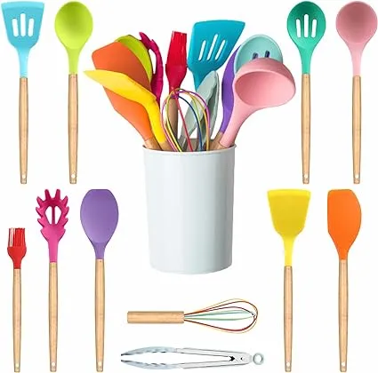 11 Pcs Kithcen Utensils Set Cooking Utensils Set, Colorful Silicone &amp; Wooden 