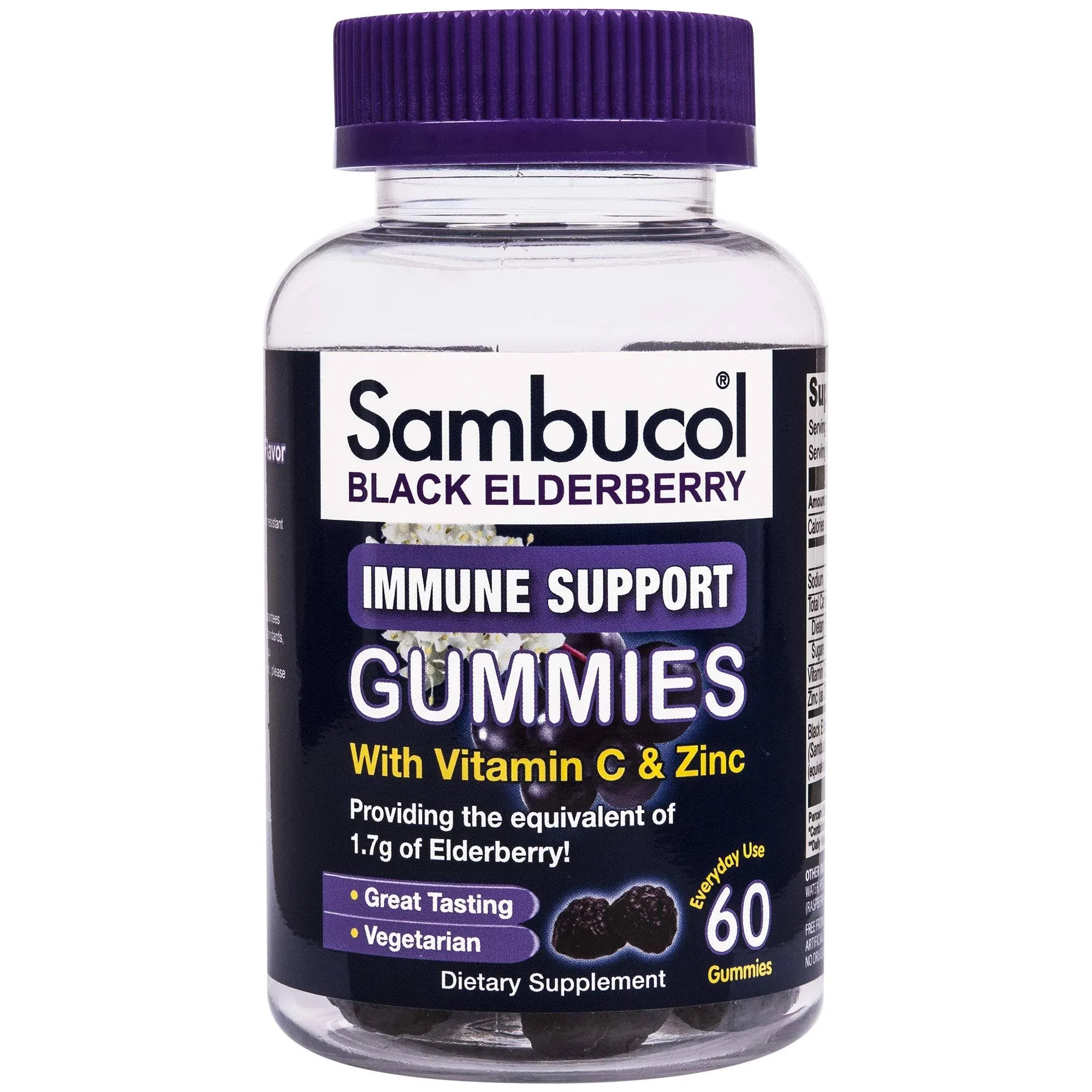 Sambucol Black Elderberry Gummies with Vitamin C & Zinc - Sambucus Elderberry Gummies for Immune Support, High Antioxidants, Gluten Free, Vegan, Elderberry with Zinc & Vitamin C for Adults - 60 Count