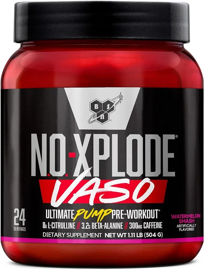 BSN N.O.-XPLODE Vaso Pre Workout Powder with 8g of L-Citrulline and 3.2g Beta-Alanine and Energy, Flavor: Watermelon Smash, 24 Servings 