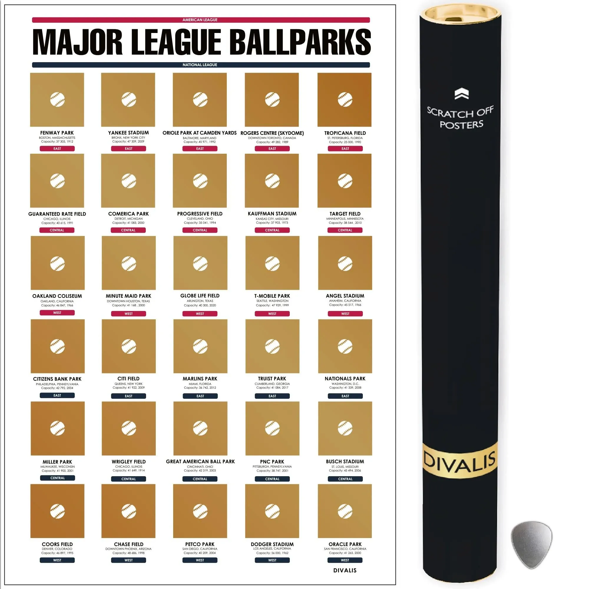 Major League Ballparks Scratch off Poster - Large Easy to Frame 24x16" Baseball Parks Checklist Chart - American and National Major League Ballparks Scratch-Off Baseball Stadium Map - Scratcher Included