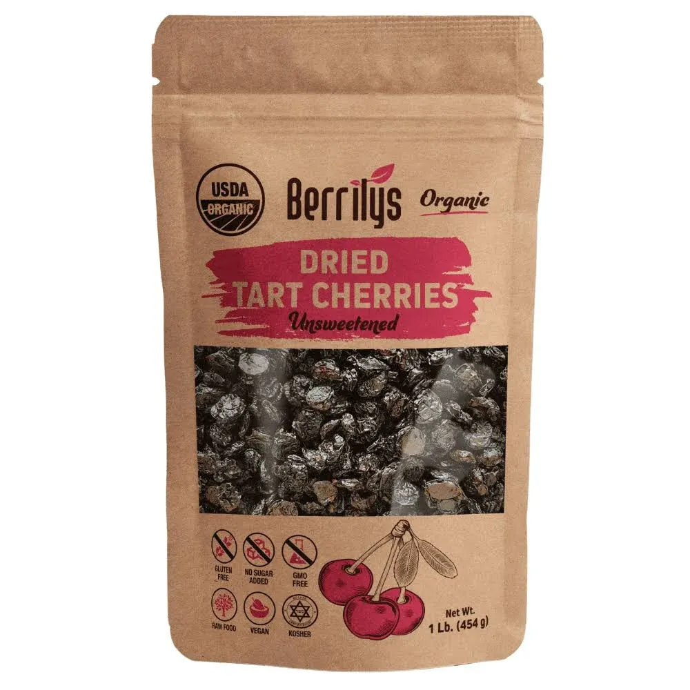 Berrilys Organic Dried Tart Cherries, 1 lb, Pitted, Non-GMO, Kosher, Unsulfured, No Added Sugar