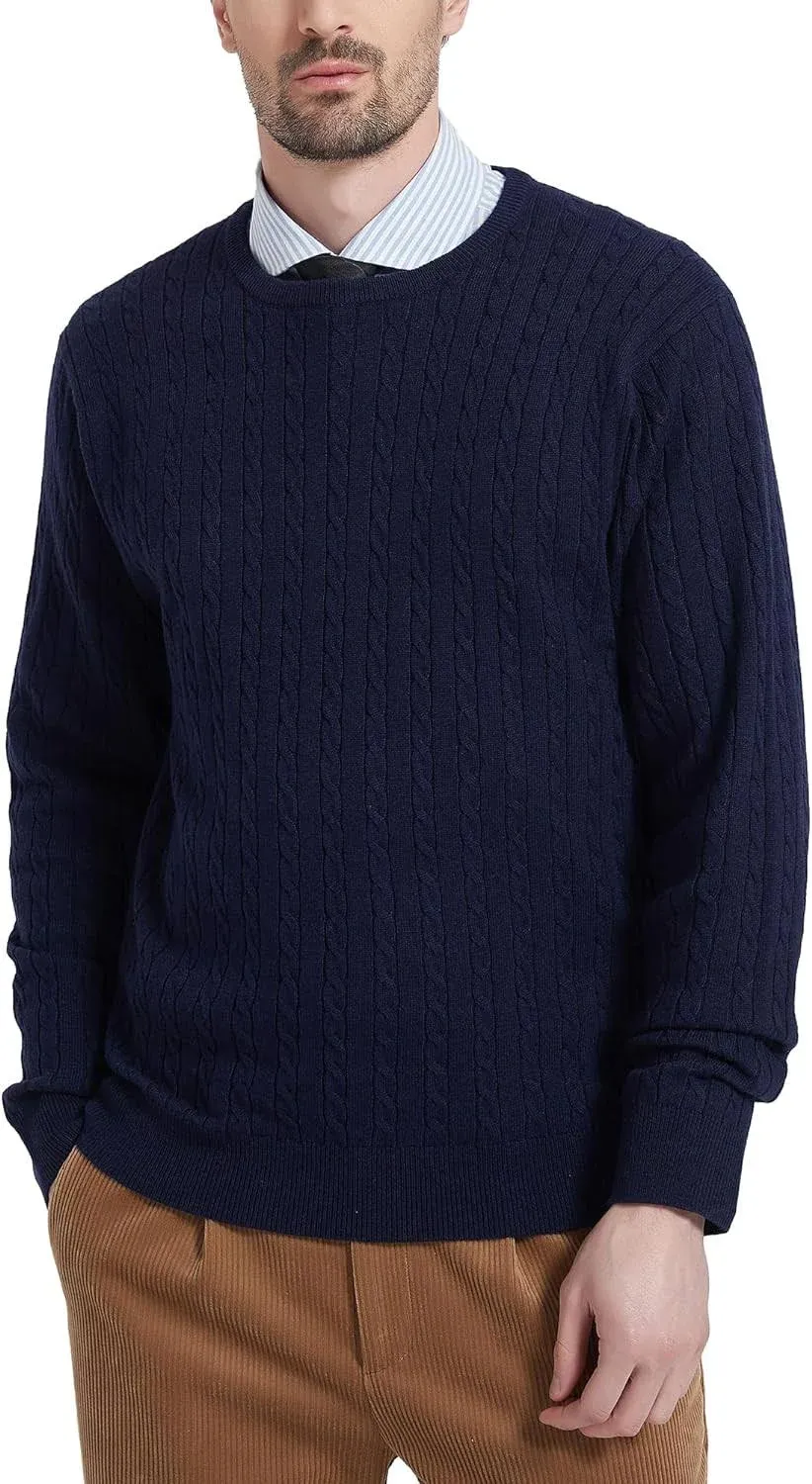 Kallspin Men&#039;s Cable Knit Crewneck Sweater Pullovers Cashmere Wool Blended Relax