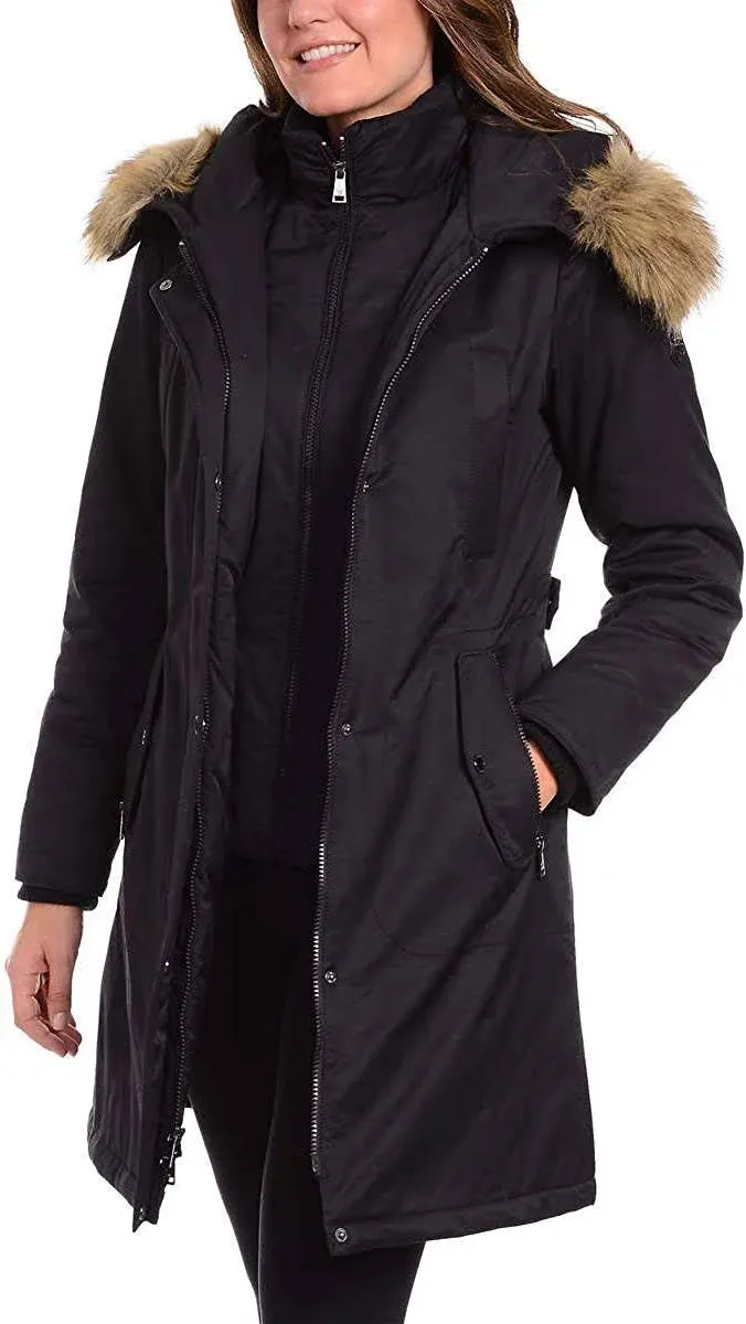 1 Madison Expedition Women&#039;s Faux Fur Trim Long Parka Jacket Coat Black M