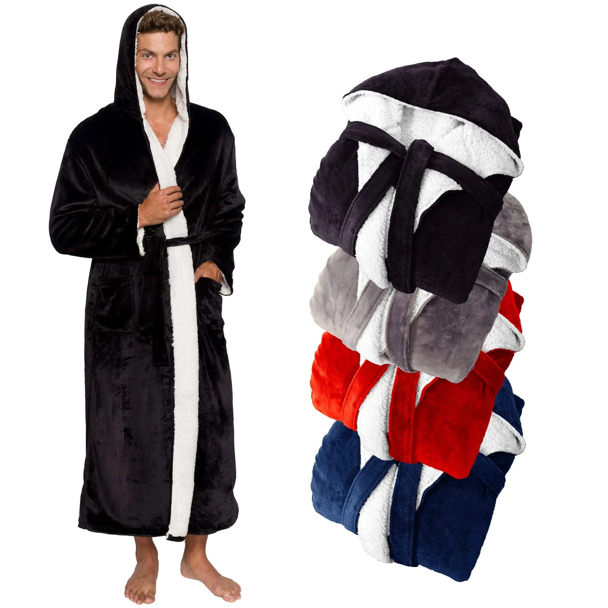 Ross Michaels Mens Robe Hooded Sherpa Big and Tall - Long Plush Spa Bath Robe with Hood and Pockets - Gifts Men