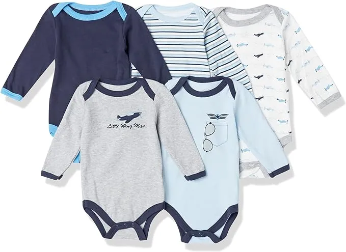 Luvable Friends Baby Boy Cotton Long-Sleeve Bodysuits 5pk Airplane 0-3 Months