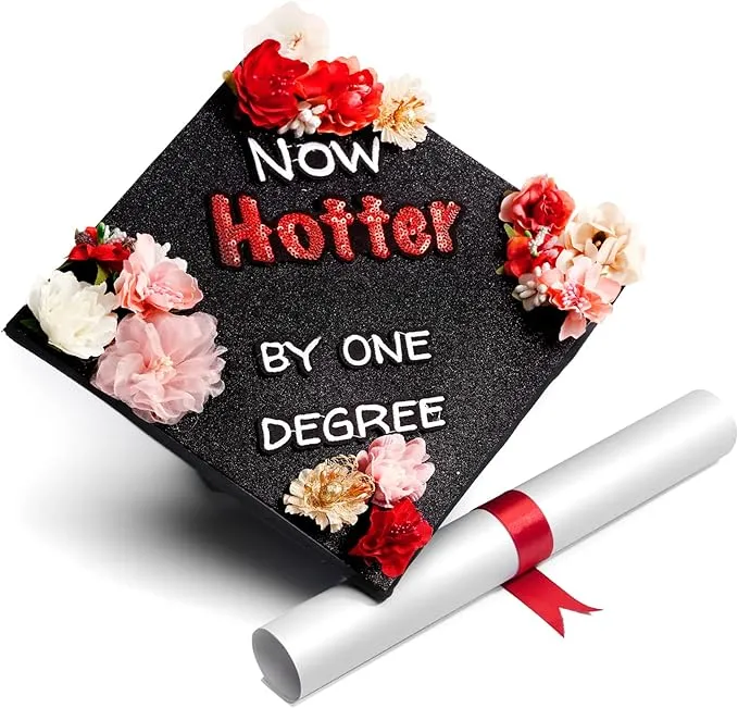 Handmade Graduation Cap Topper, Graduation Cap Decorations, Now Hotter by One Degree, Black