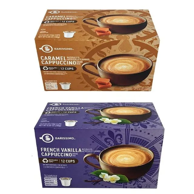 Barissimo Cappuccino Coffee Cocoa Pods 2 Pack K-Cup Compatible (Caramel Cappuccino And French Vanilla Cappuccino)