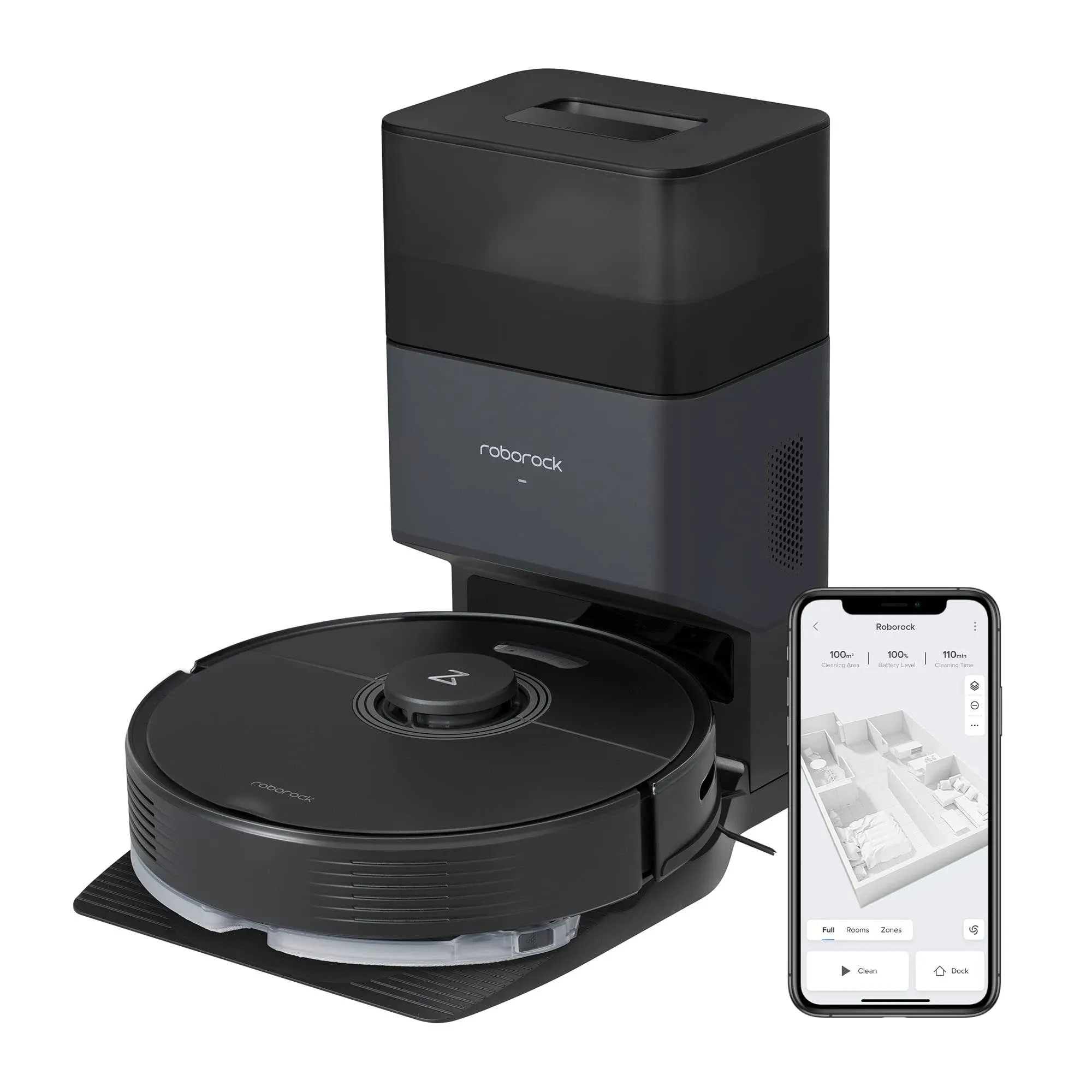 roborock Q7 Max+ Robot Vacuum and Mop with Auto-Empty Dock Pure, Hands-Free Cleaning for up to 7 Weeks, APP-Controlled Mopping, 4200Pa Suction, No-Mop&No-Go Zones, 180mins Runtime(Renewed)