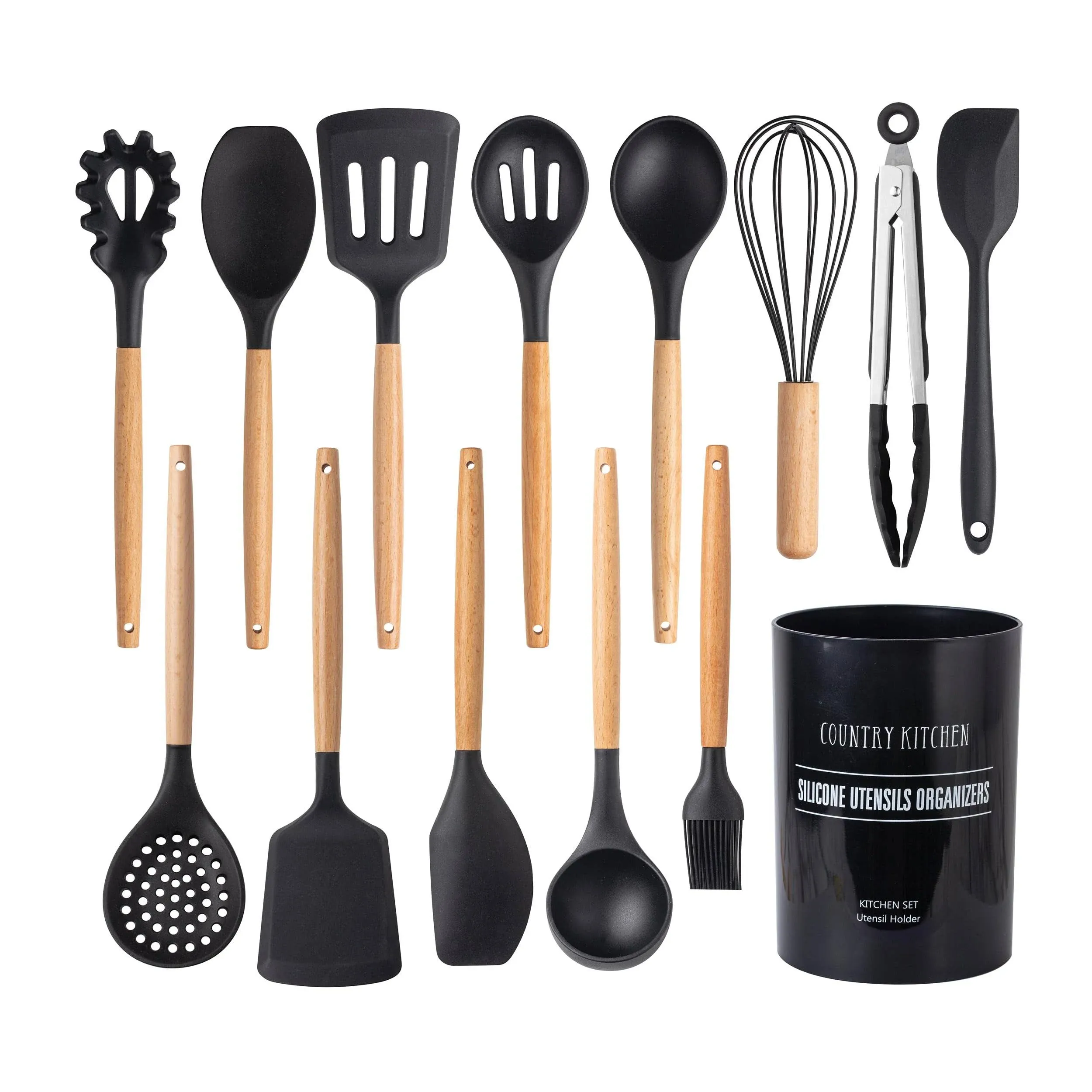 Country Kitchen Non Stick Silicone Utensil Set with Rounded Wood Handles for Cooking and Baking, 14 Piece Set, Black