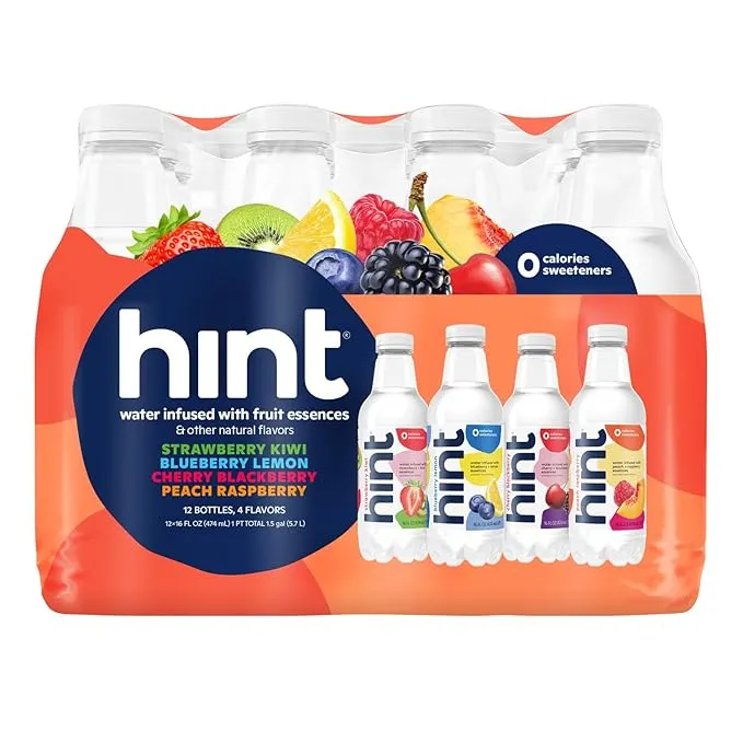 Hint Water Red Variety Pack (Pack of 12), 16 Ounce Bottles, 3 Bottles Each of: Peach, Raspberry, Watermelon, and Strawberry Lemon, Zero Calories, Zero Sugar and Zero Sweeteners