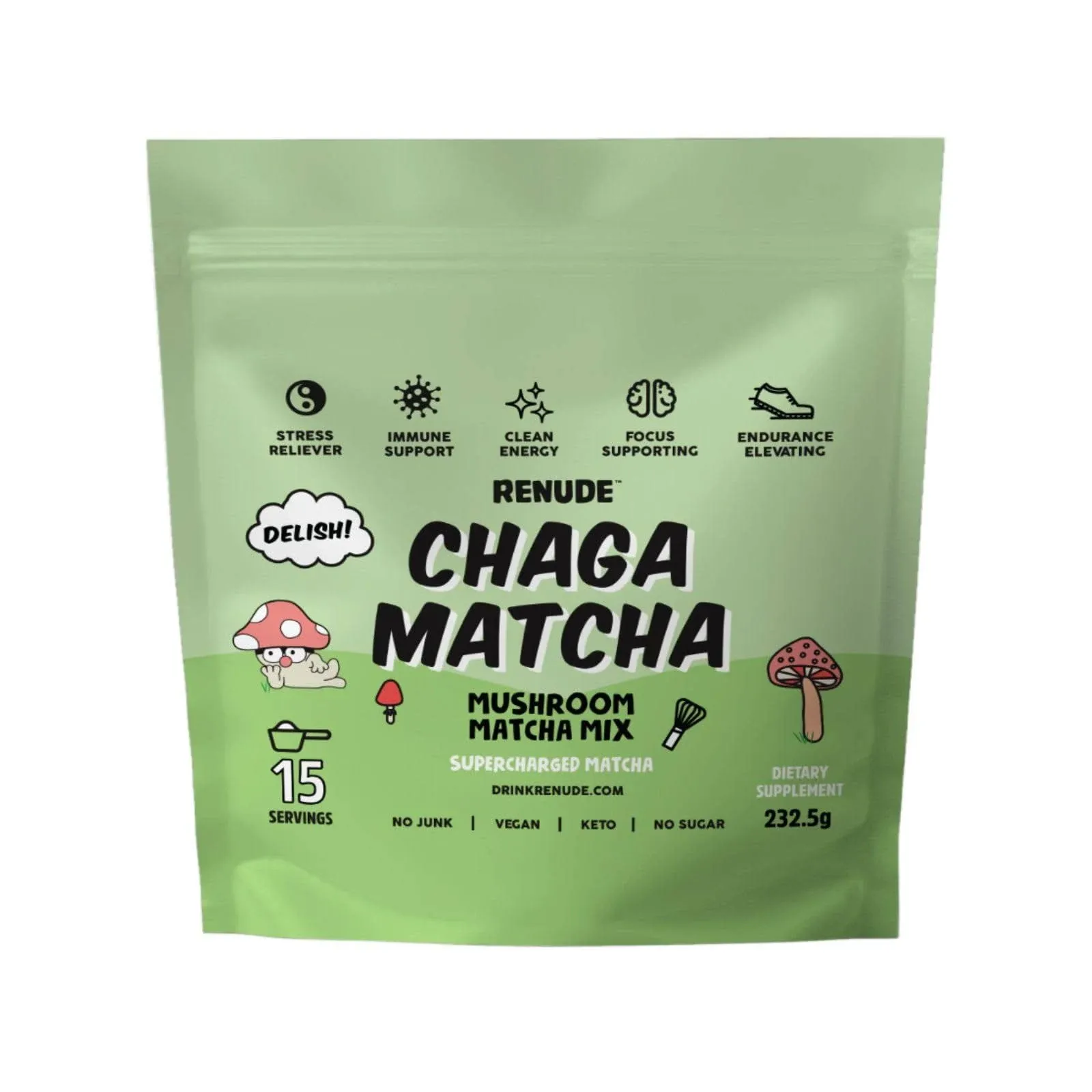 Chaga Matcha • 15 Servings • Adaptogen Matcha Mushroom Mix • Vegan • Keto • Sugar Free • ReNude