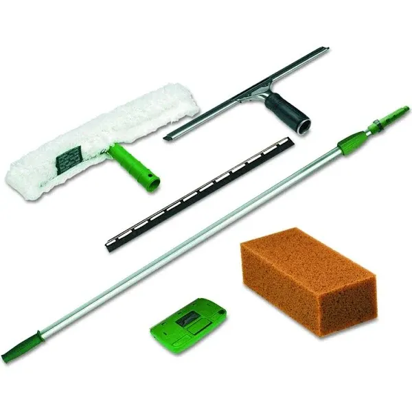 Pro Window Cleaning Kit with 8ft Pole, Scrubber, Squeegee, Scraper, Sponge, Green/White