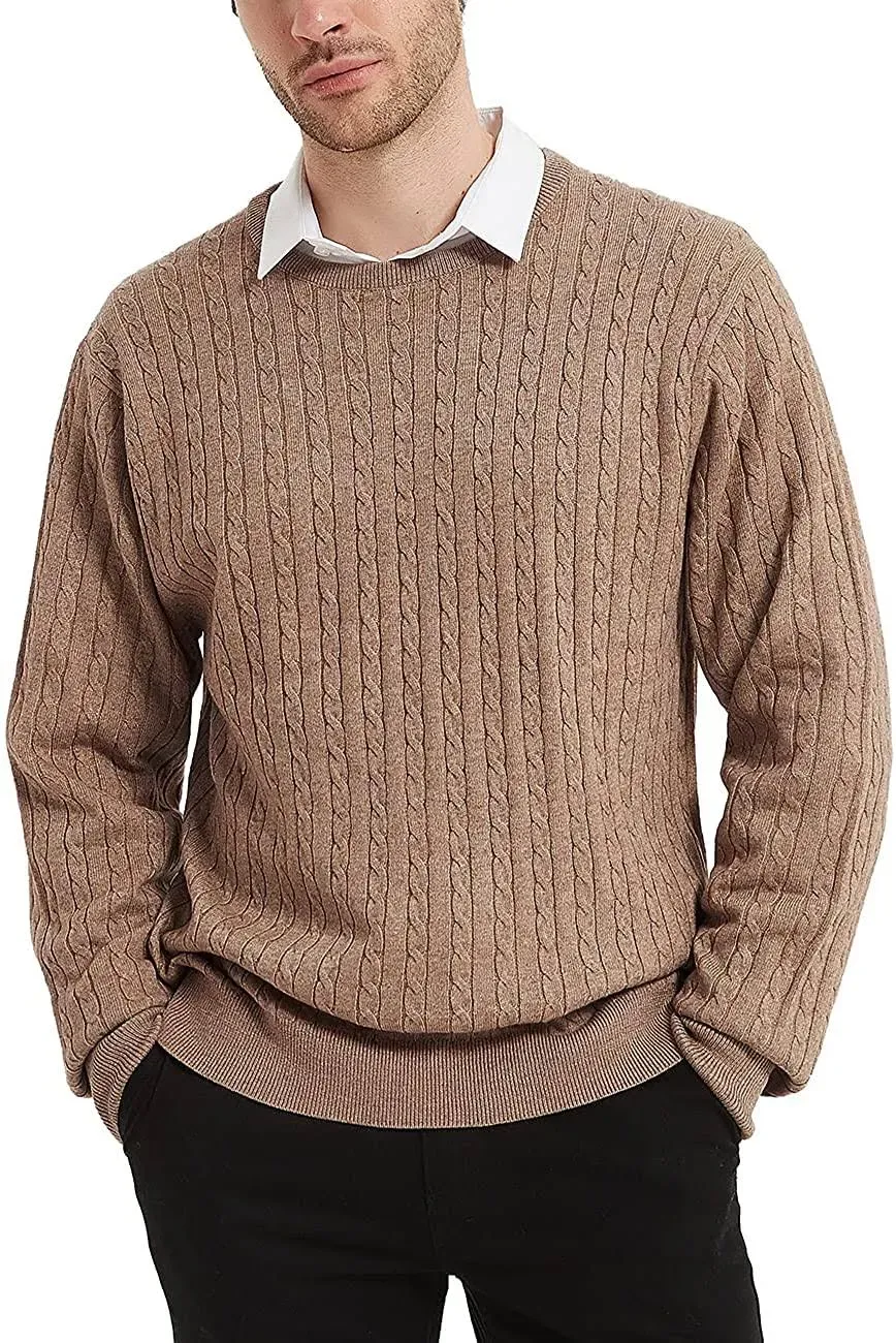 Kallspin Men&#039;s Cable Knit Crewneck Sweater Pullovers Cashmere Wool Blended Relax