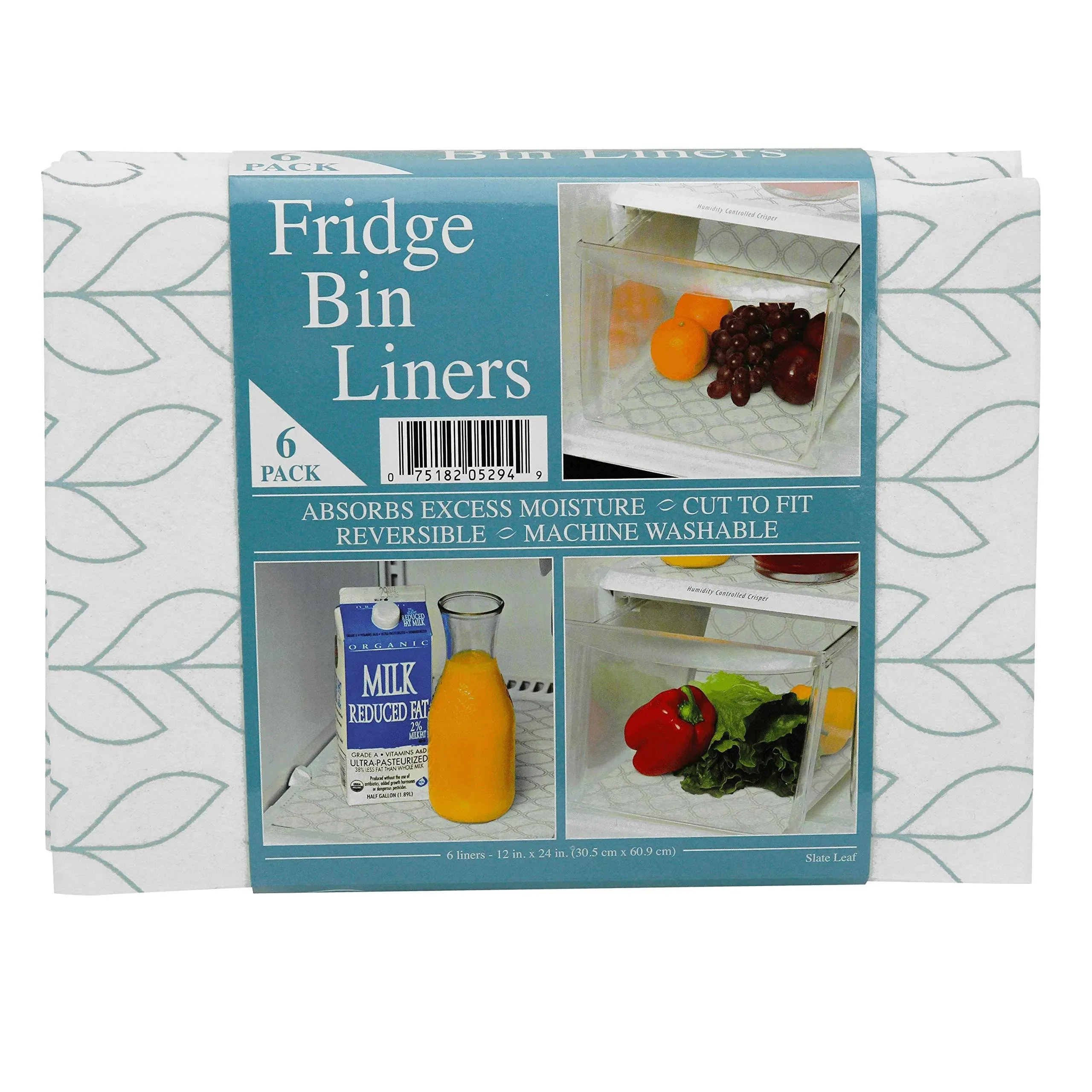 Envision Home 529401 Fridge Bin Liners - 12-Inch x 24-Inch - Slate Leaf Print 6 Pack