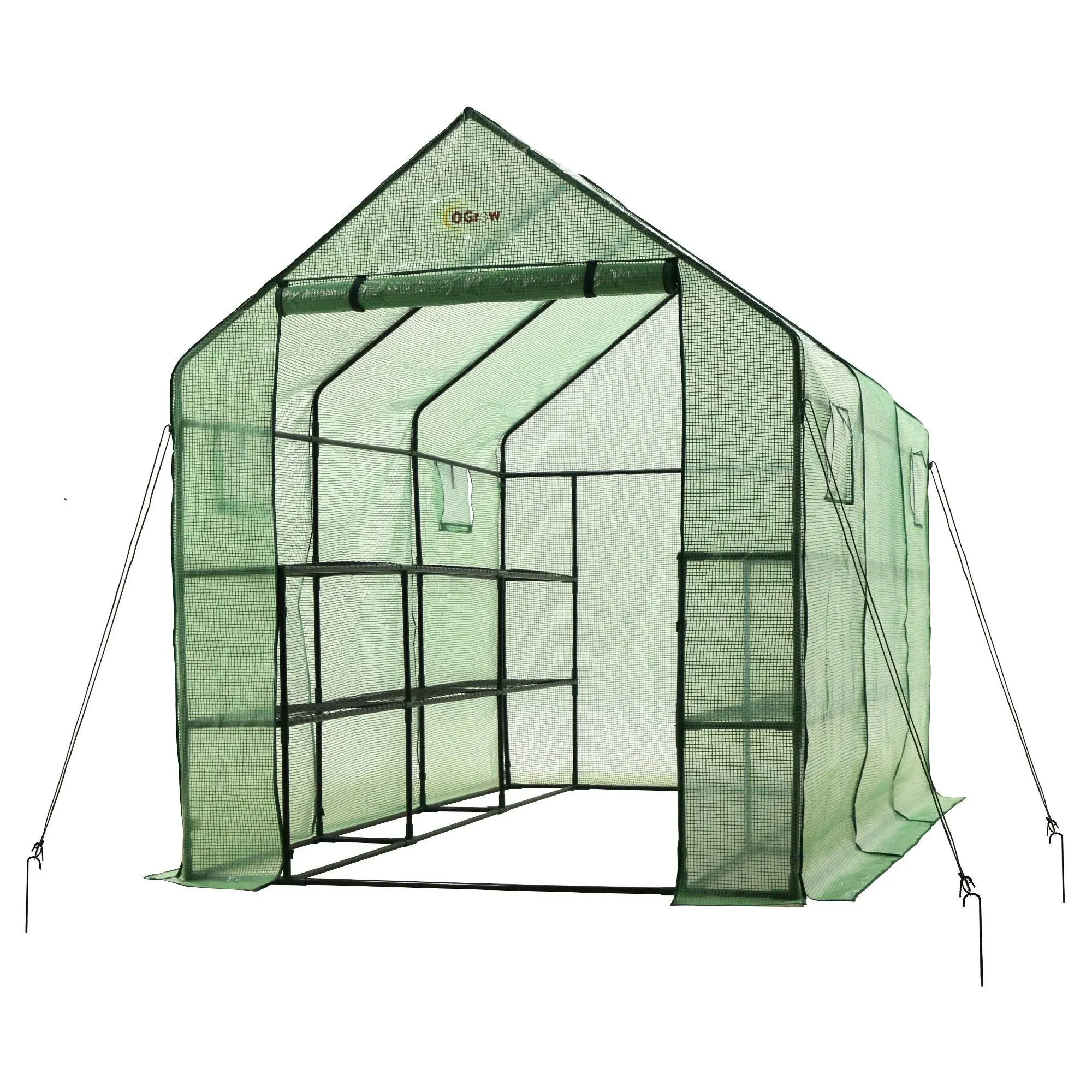 Machrus Ogrow Deluxe Walk-In Greenhouse with 2 Tiers and 12 Shelves - Green Cover