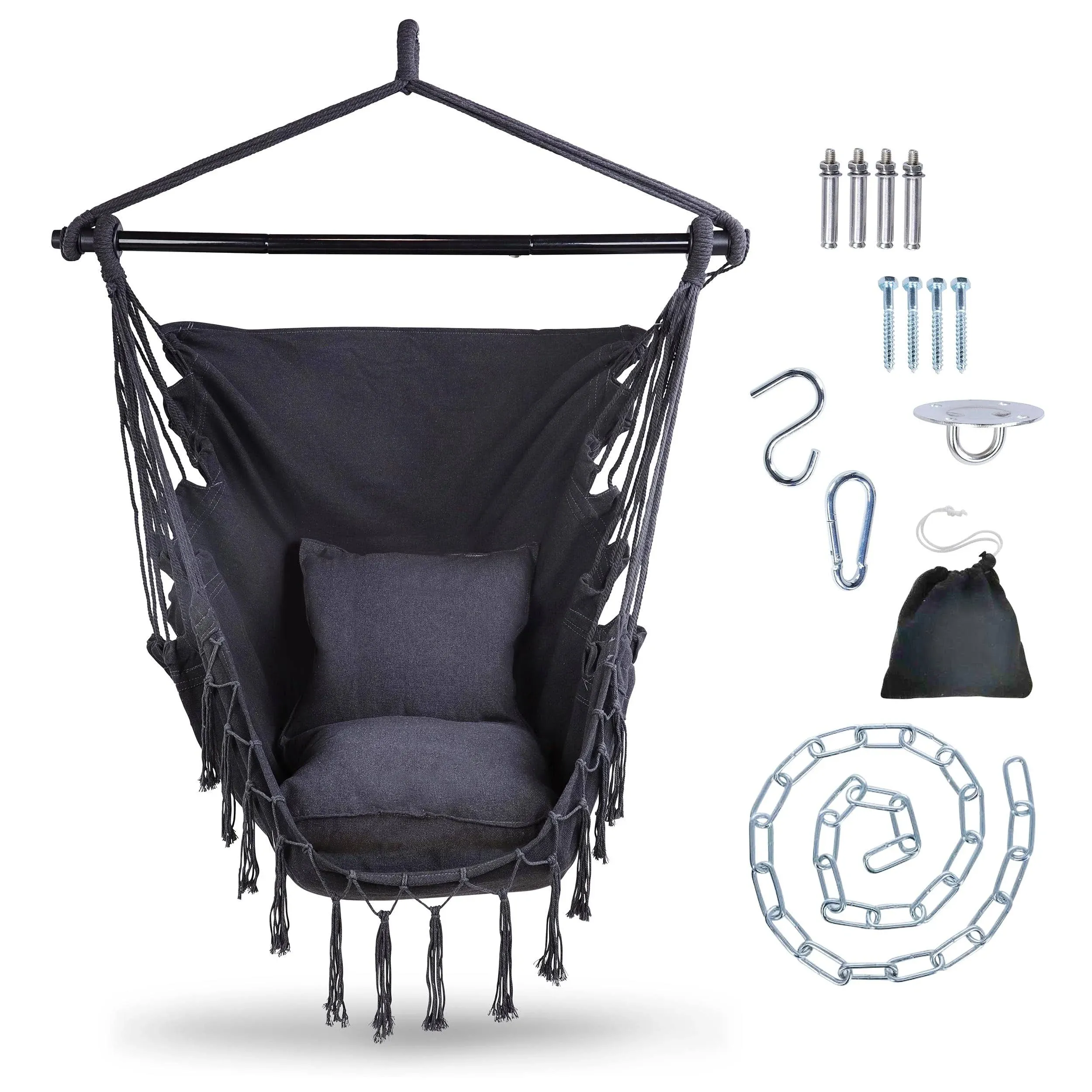 7Penn Hammock Chair Hanging Rope Swing - 440lb Capacity Black Cotton Indoor... 