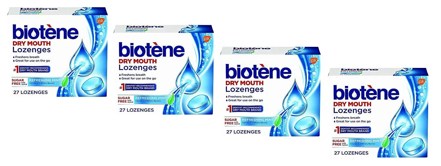 Biotene Dry Mouth Lozenges for Fresh Breath 27 Count, Refreshing Mint. (Pack of 4)