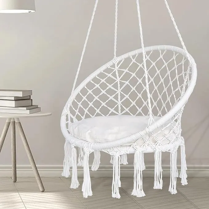 HFKJ Hammock Chair Hanging Rope Swing with Hardware and Cushion, Handmade Knitted ...