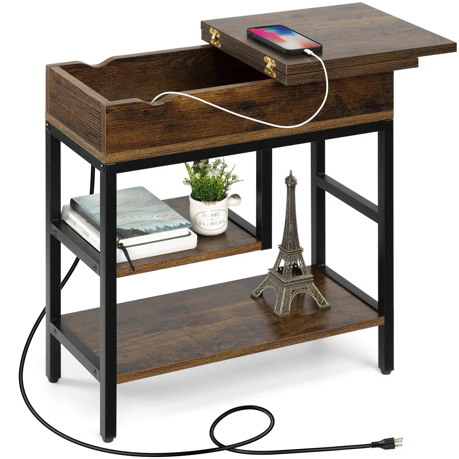 Hadulcet Side Table with USB Ports and Outlets, Narrow Sofa End Table with ...