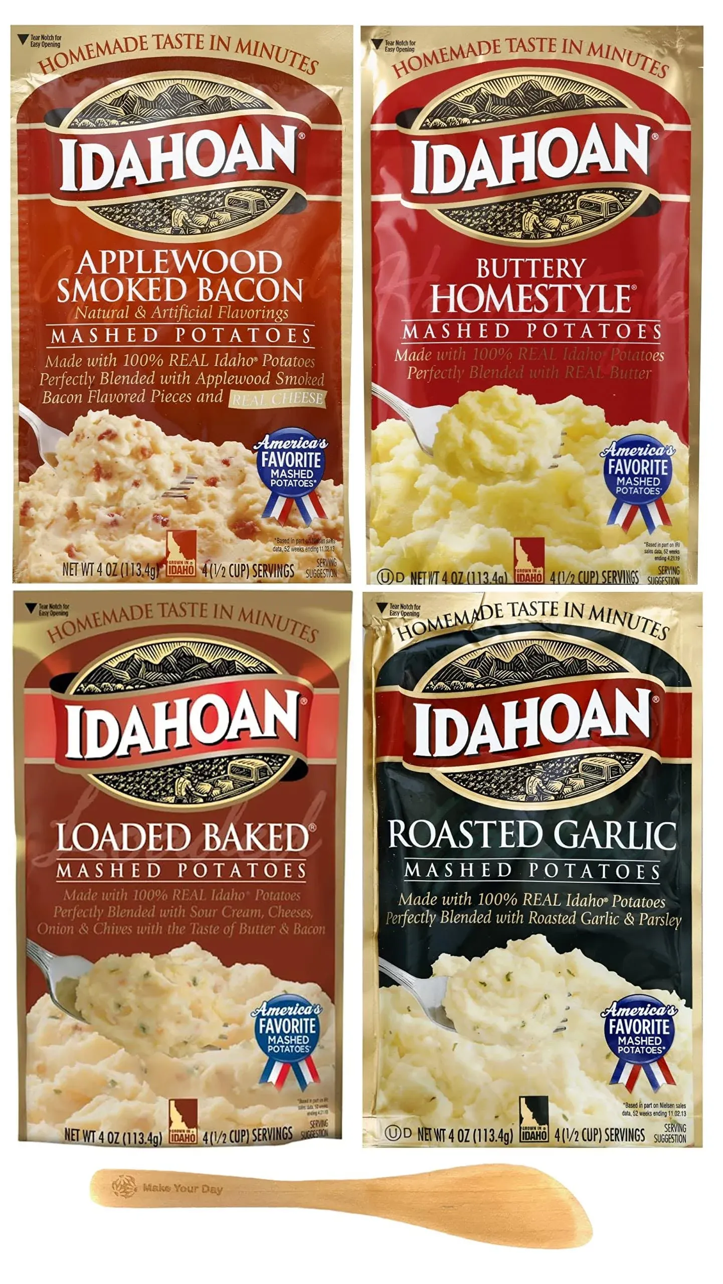 Make Your Day Idahoan Mashed Potatoes, Applewood Smoked Bacon, Buttery Homestyle, Loaded Baked, and Roasted Garlic