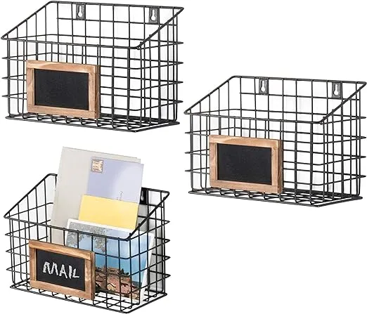 MyGift Set of 3 Wall-Mounted Rustic Wire Storage Baskets w/Chalkboard Labels