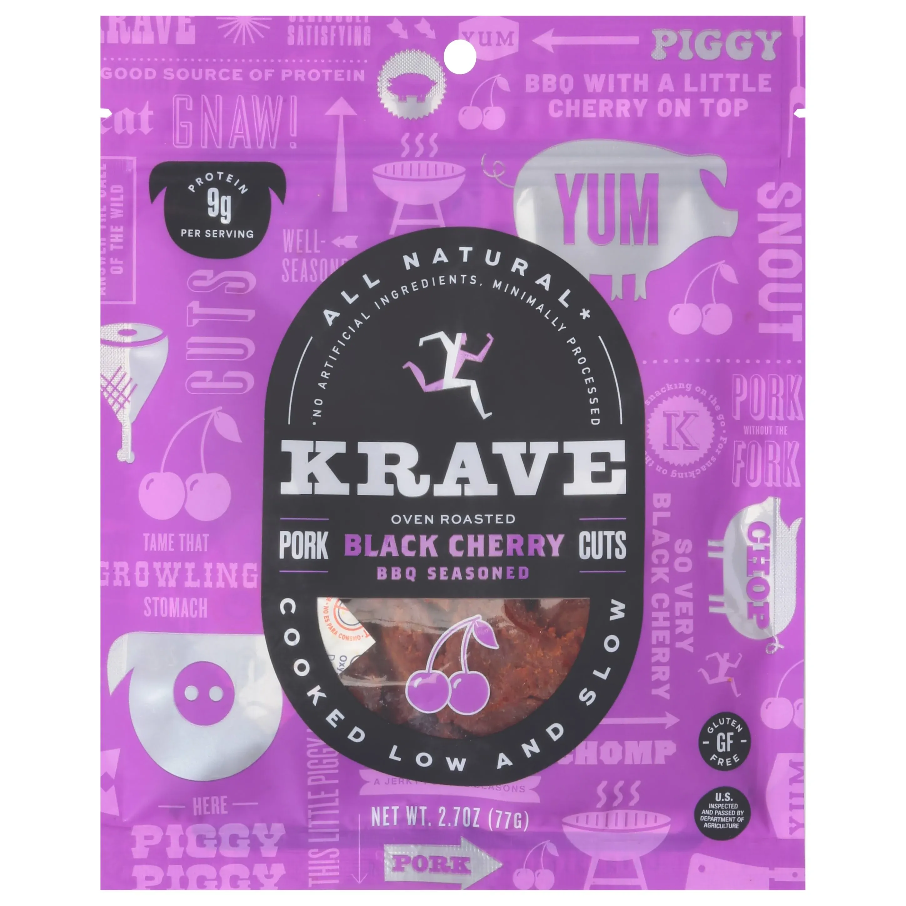 KRAVE All Natural Pork Jerky, Black Cherry BBQ - Protein Packed Snacks Roasted for Maximum Flavor - Premium Tender Meat Cuts - Gluten Free - 2.7 Ounce