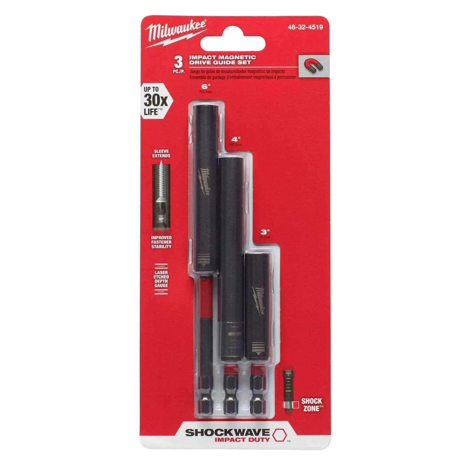 Milwaukee Tool - 48-32-4519 - Impact Magnetic Drive, 1/4 in. Chuck, Alloy Steel, 3 pc., Black/Red, 3 L x 0.46 H x 0.46 W in